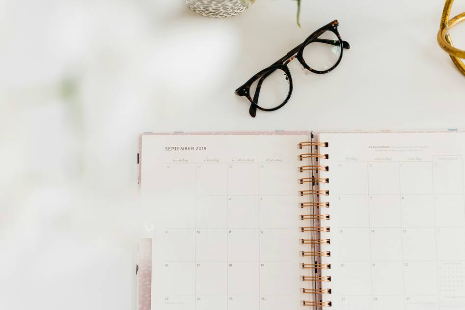 Minimal planner open on wooden desk with green plant